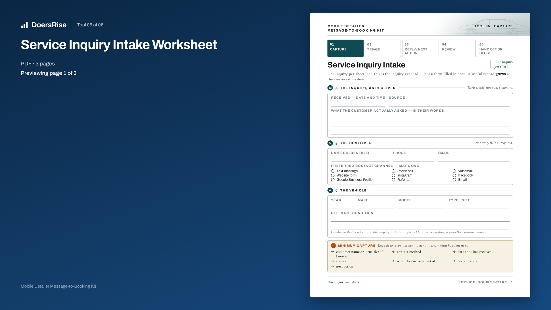 A real page from Service Inquiry Intake Worksheet